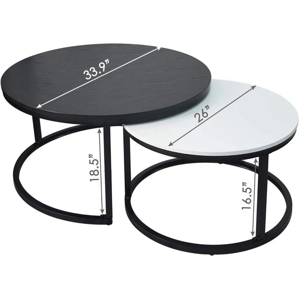 2 Round Nesting Table Set Circle for Living Room Modern (Black & White)