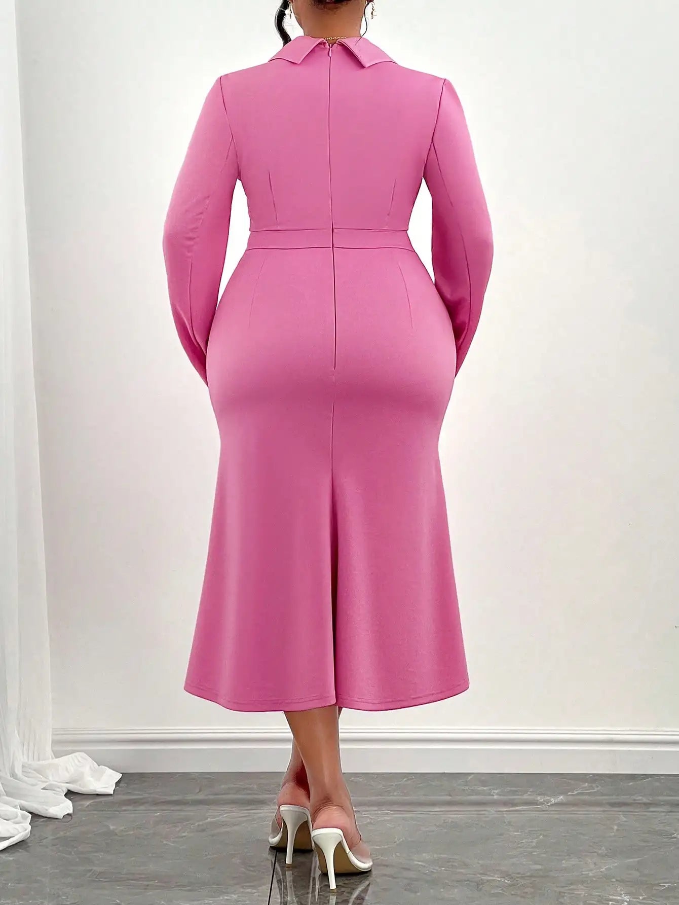 Pink Double-Breasted Wrap Collar Midi Dress