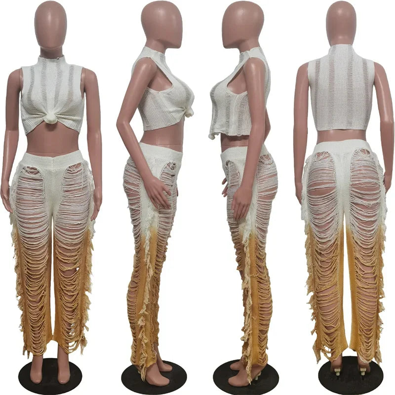 Gradient Color Crochet Two Piece Crop Top and Wide Leg Pants