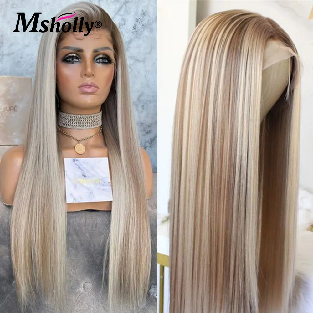 Highlight Ash Blonde Human Hair Bone Straight 13x4 Lace Front