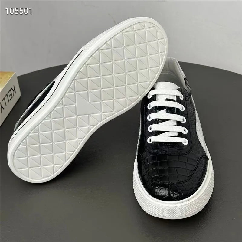 Authentic Real Crocodile Skin Classic Black White Men's Casual Board Shoes