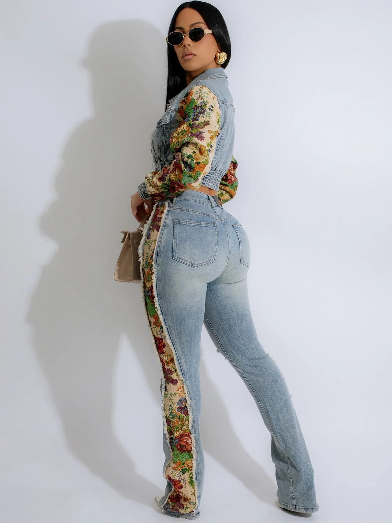 Retro Side Print Denim Two-Piece Set