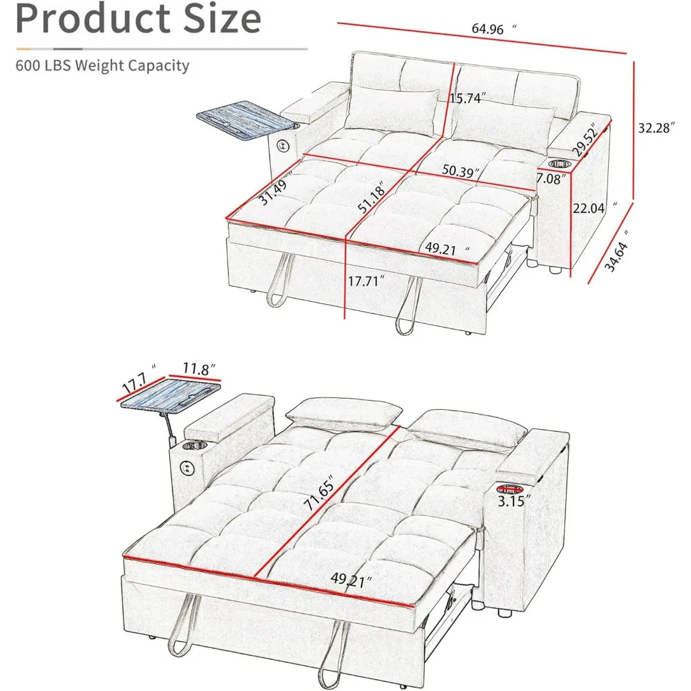 65'' Convertible Sleeper Sofa Bed with Adjustable Backrest