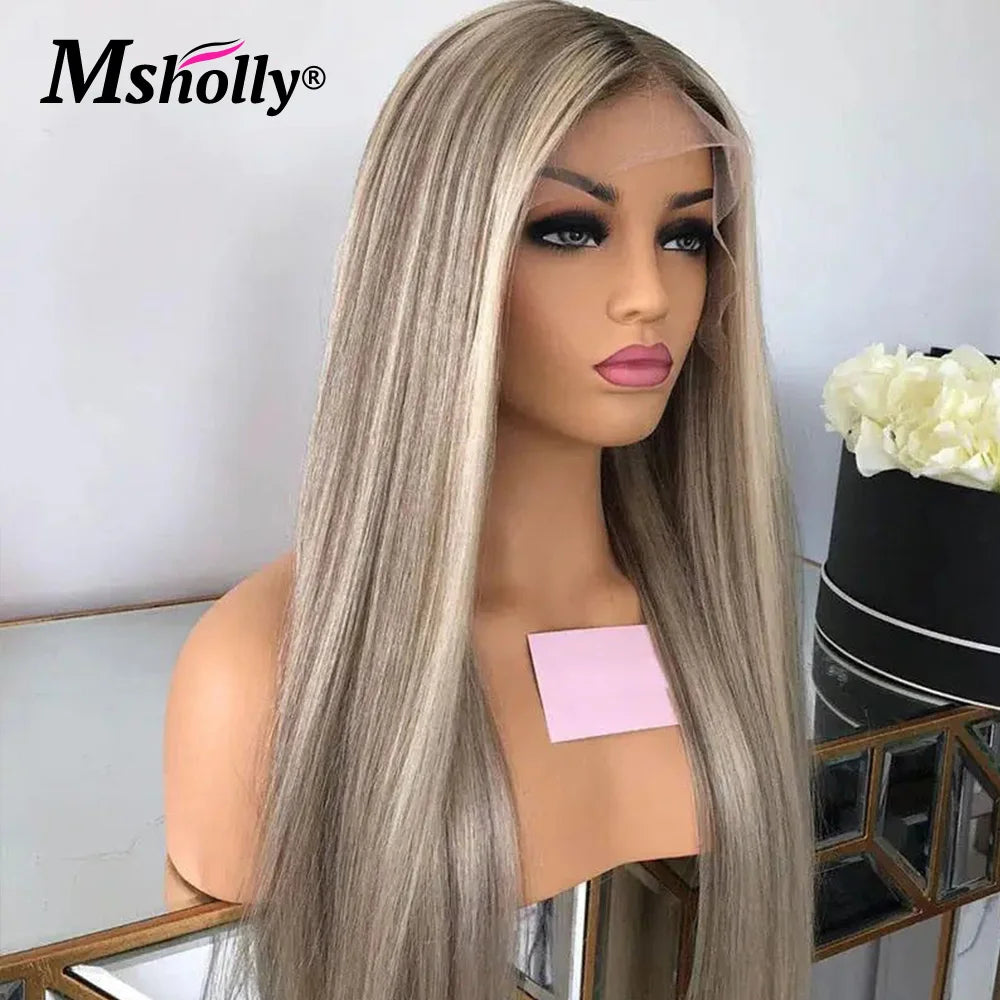 Highlight Ash Blonde Human Hair Bone Straight 13x4 Lace Front
