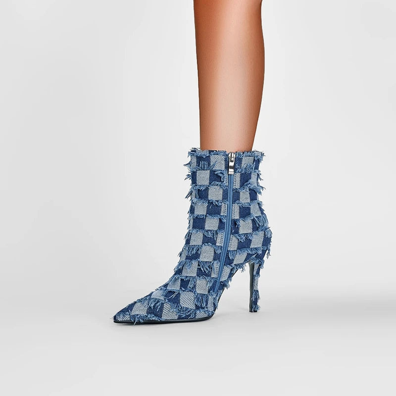 Denim Pointed High Heel Plaid Oversized Boots