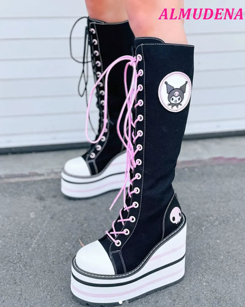 Canvas Lace up Cute Platform Knee High Boots