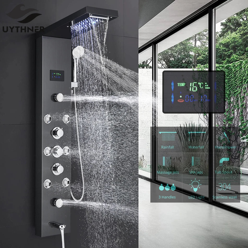 Black/Brushed Bathroom LED Rainfall Shower Panel System