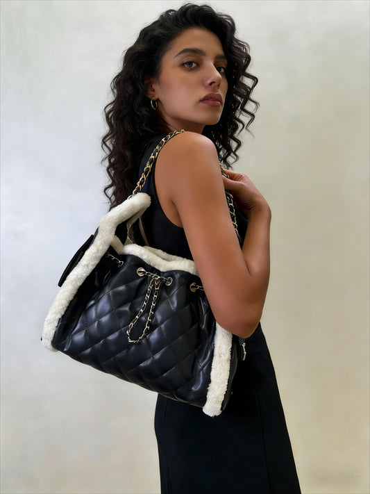 Genuine Leather Lamb Wool Bucket Bag