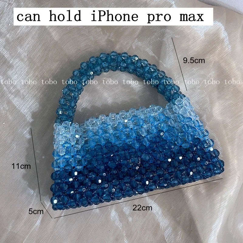Gradient Blue Beaded Chain Handle Clutch Evening Bag