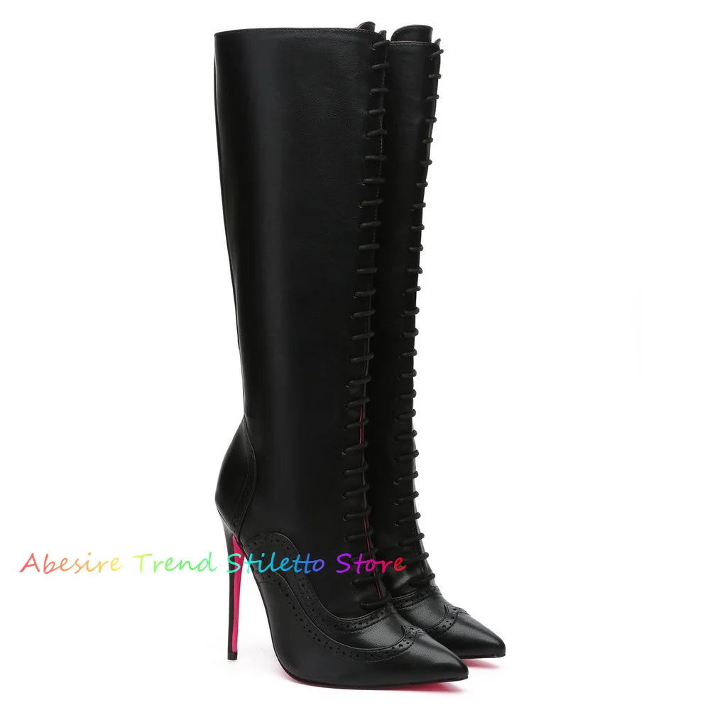 White Pointy Toe Lace Up High Heel Boots