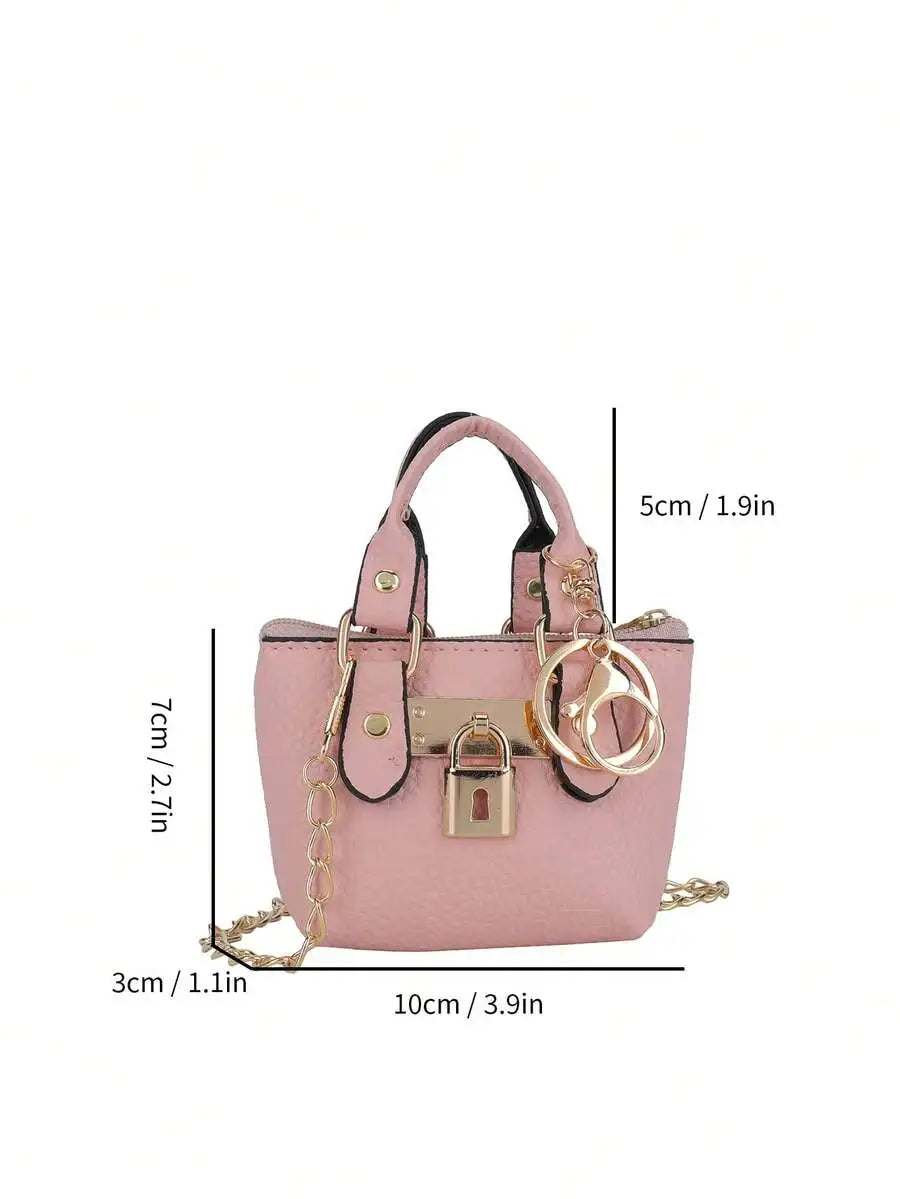 Mini Top-Handle Handbag with Gold Chain Strap and Lock Charm