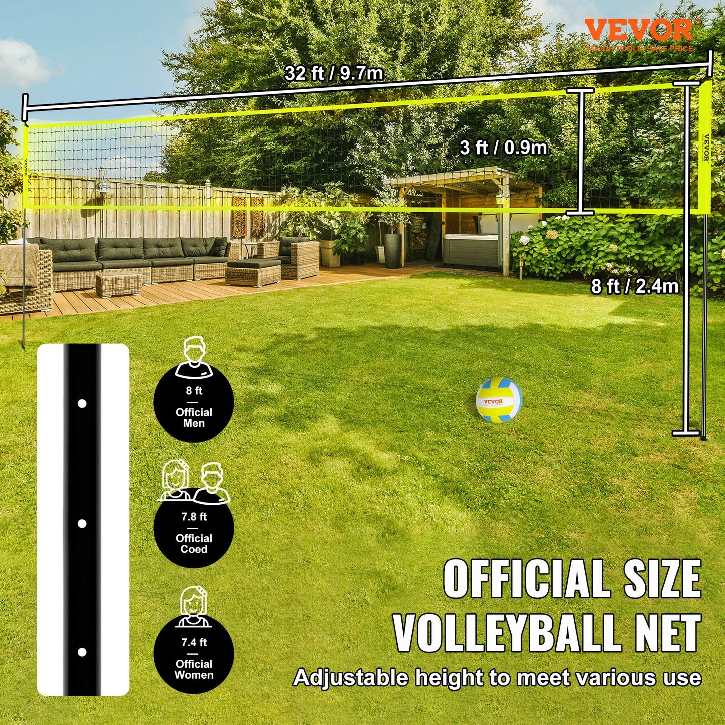 Outdoor Volleyball Adjustable Steel Poles with PVC Volleyball Pump Carrying Bag