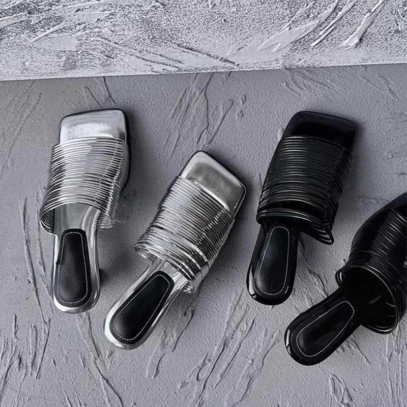 2024 New Fashion End Square Head Thin Silver Slippers