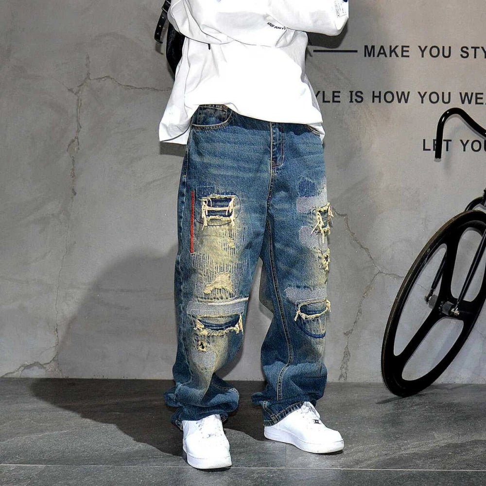 Streetwear Ripped Patch Hip Hop Baggy Jeans