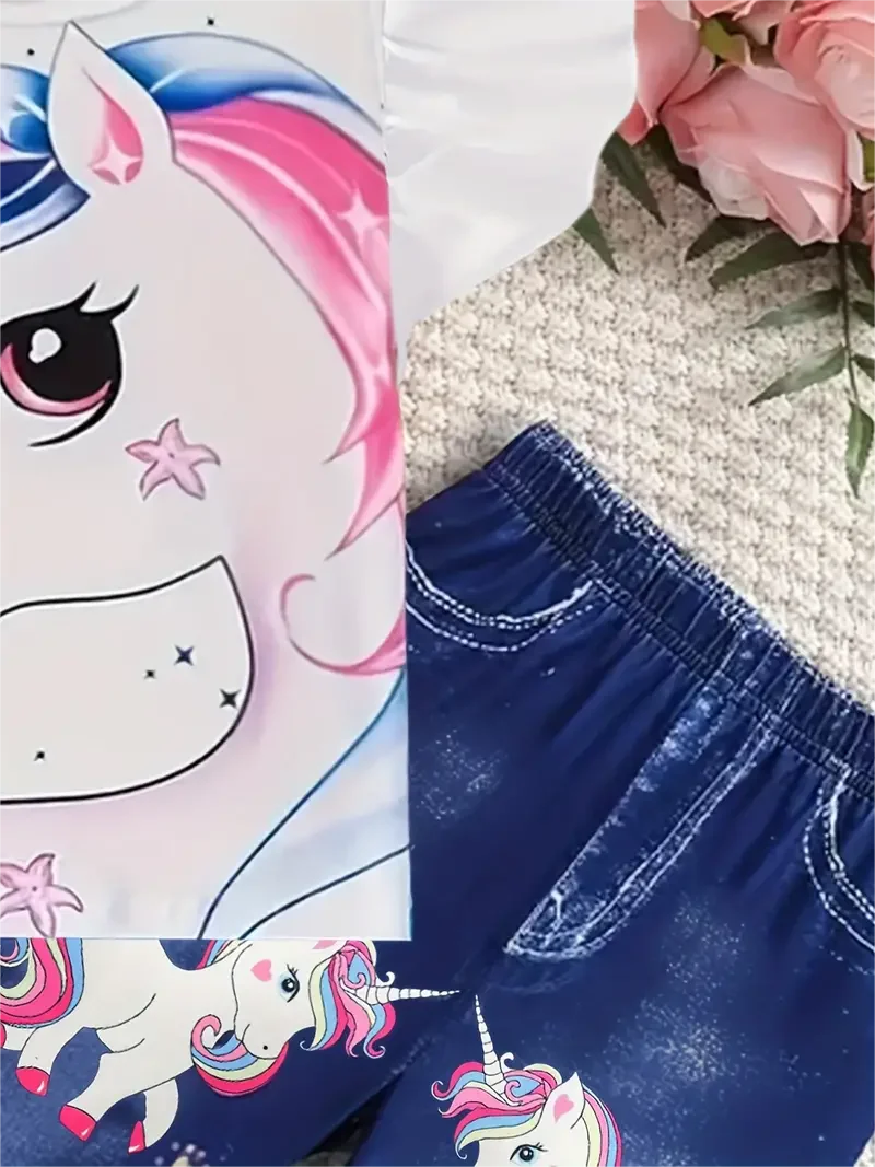 2-piece Cartoon Unicorn T-shirt Denim Print Bell Bottoms
