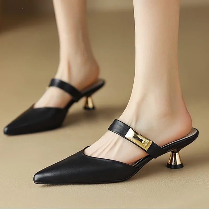 Leather Heeled Slides Sexy Pointed Toe High Quality