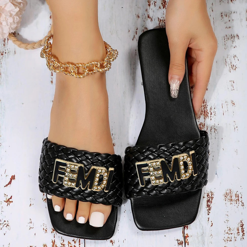 Women Luxury Decor Weave Design Flat Open-toe Slides