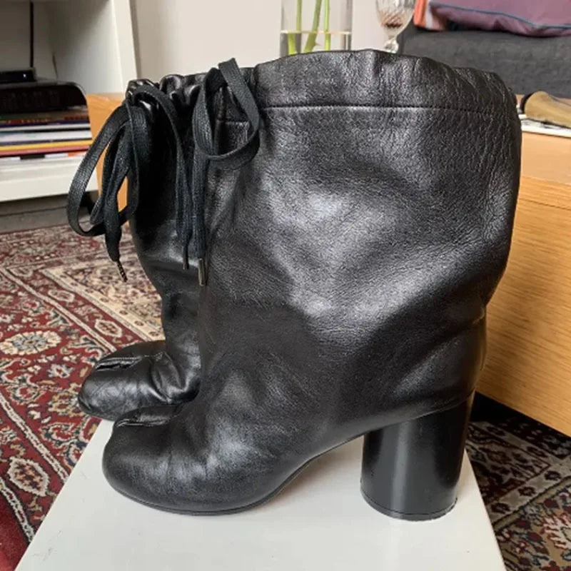 Fashion Split Toe Genuine Leather Round Heel Boots