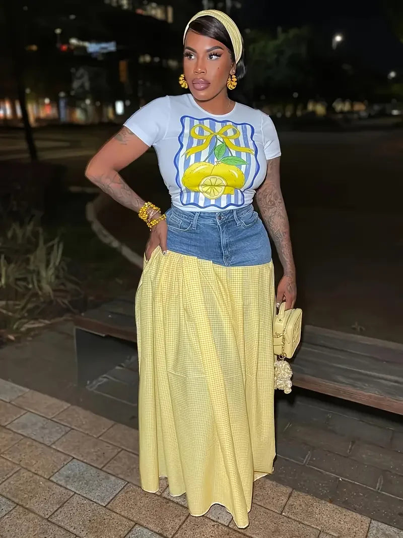 High Slit Skirt Denim Panel Trousers