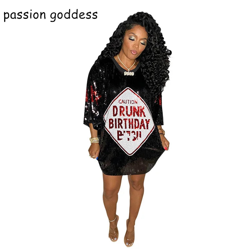 Casual Loose Letter Print Sequins Mini Dress