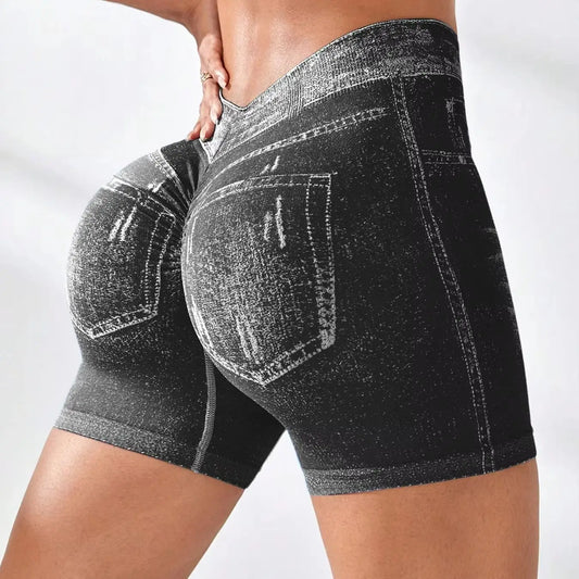 Womens V Back Faux Jeans Elastic Workout Yoga Pants
