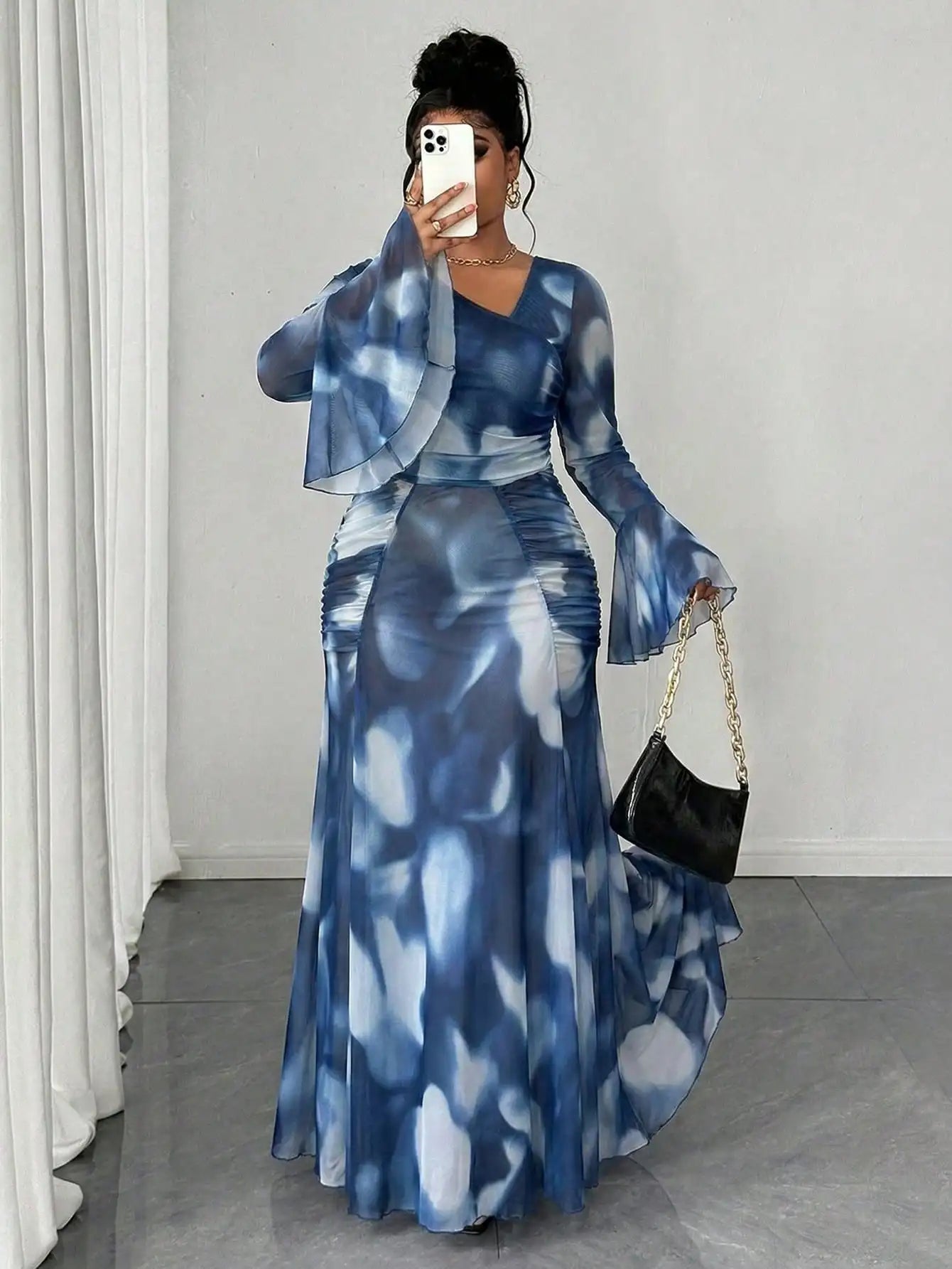 Plus Size Semi-Sheer Long Sleeve Maxi Dress