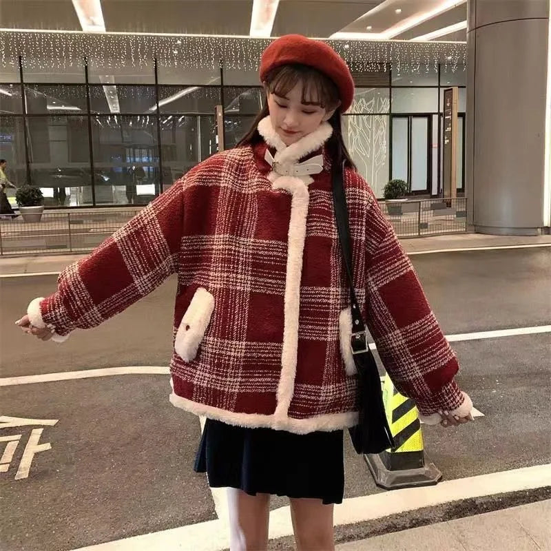 Fashion Plaid and Velvet Padded Little Woolen Coat