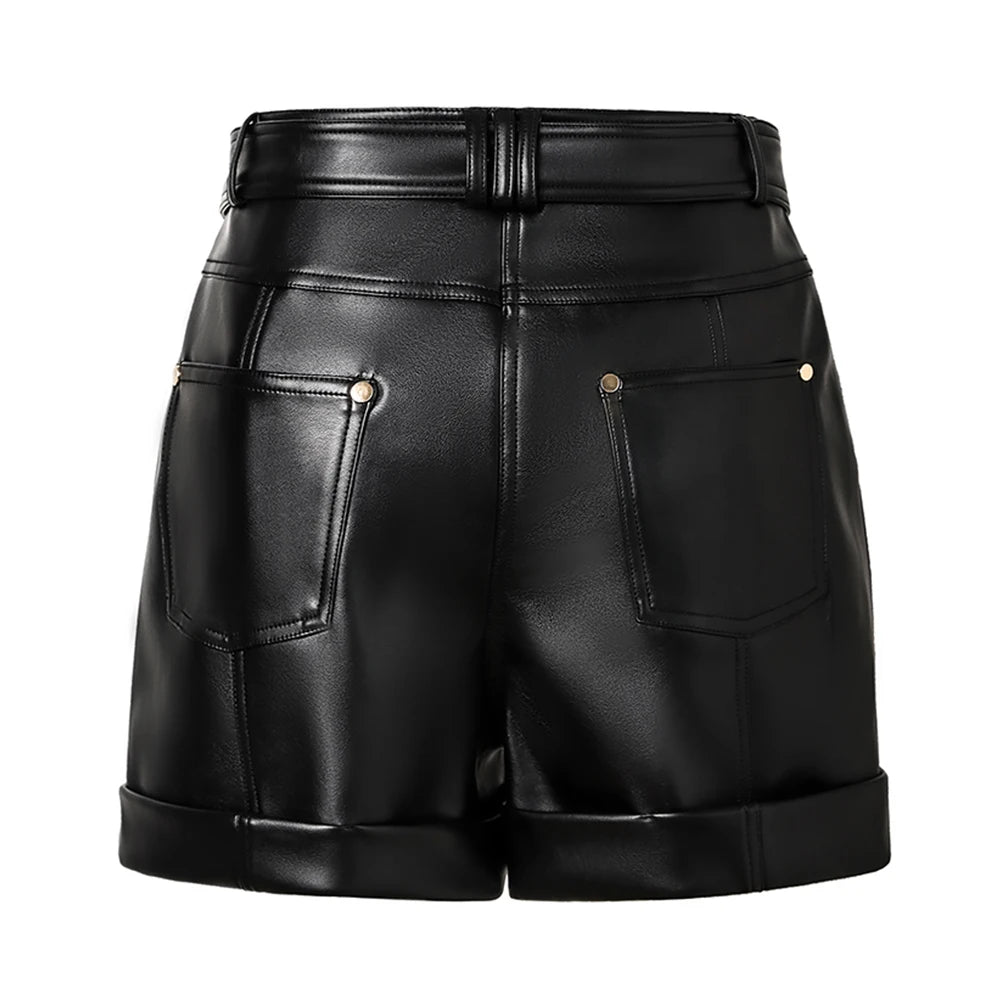 High Quality Leather Black Womens Shorts with Belt