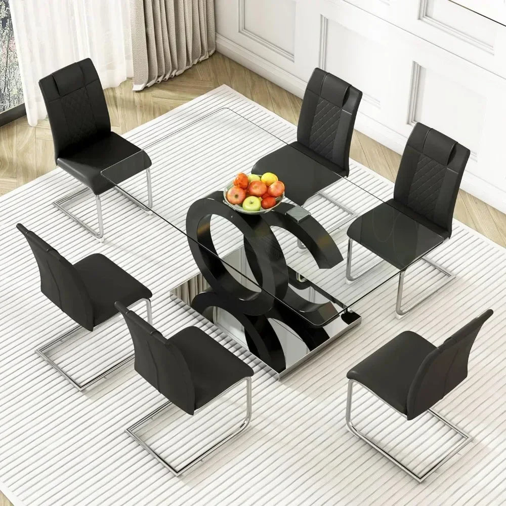 63”Glass Dining Table Set 0.39”Tempered Glass Rectangular Table with Chairs Set of 6