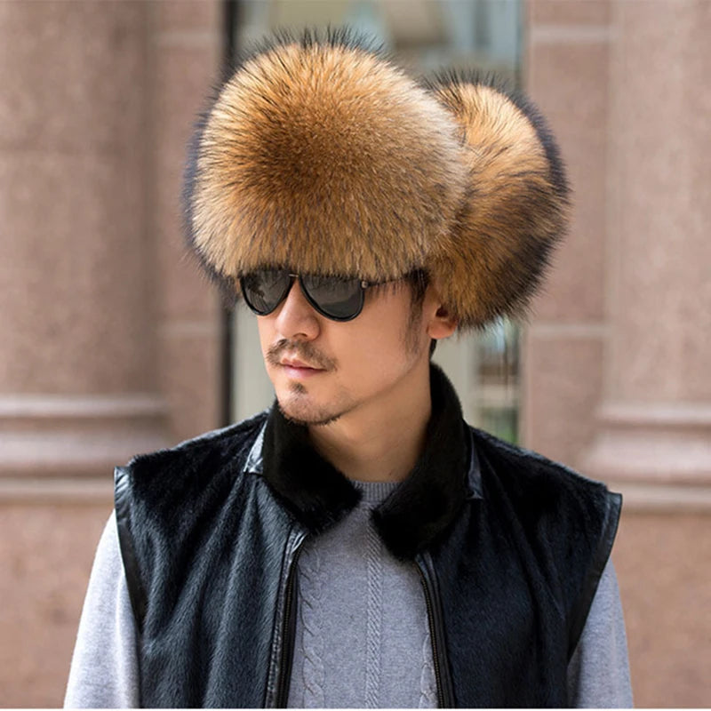 Winter Men's 100% Real Silver Fox Fur Bomber Hat