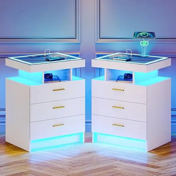 2 Set Nightstands with Wireless Charging Station, Auto Sensor 3 Color Dimmable LED