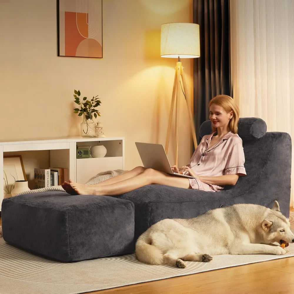Large Lazy Beanbag Sofa with Neck Roll & Ottoman