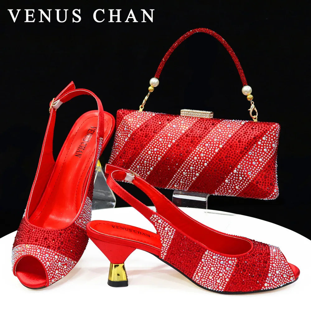 Venus Chan 2024 Red Color Elegant Women Heels Shoes and Bag Set