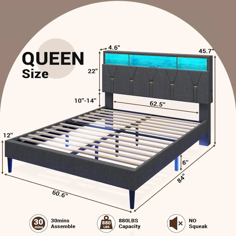 LED Bed Frame Queen Size w Shelf Storage Headboard