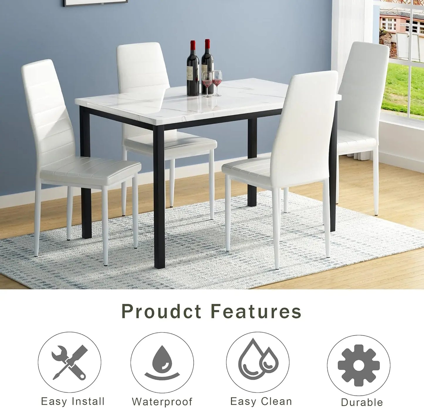 5 Piece Dining Set Faux Marble Table and 4 Faux Leather Upholstered Chairs