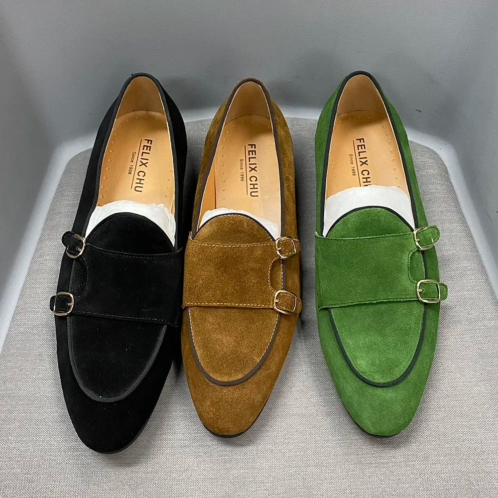 Classic Suede Leather Loafers Slip-On Dress Shoes Monk Strap