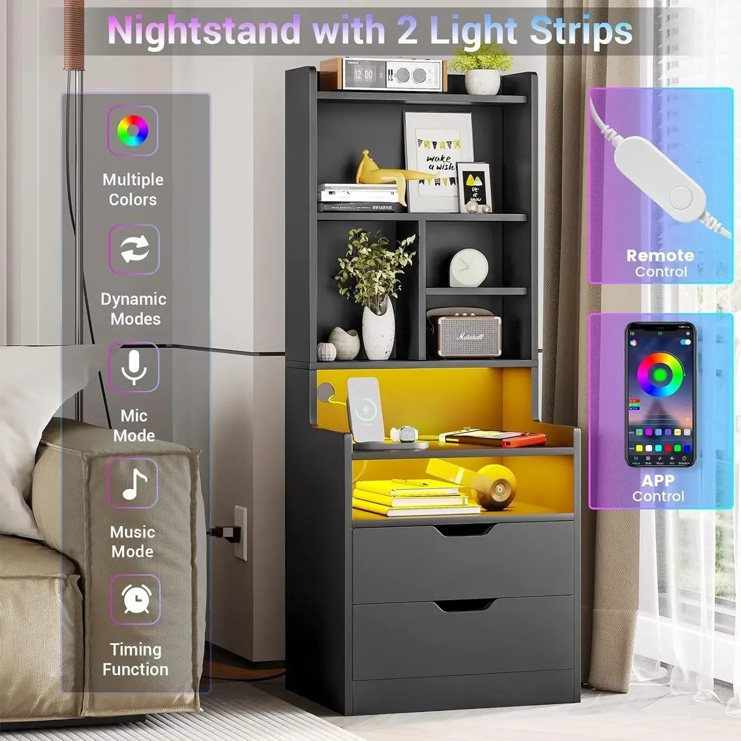 Bedside Nightstand with Bookshelf, Shelves, Drawers and LED Lights