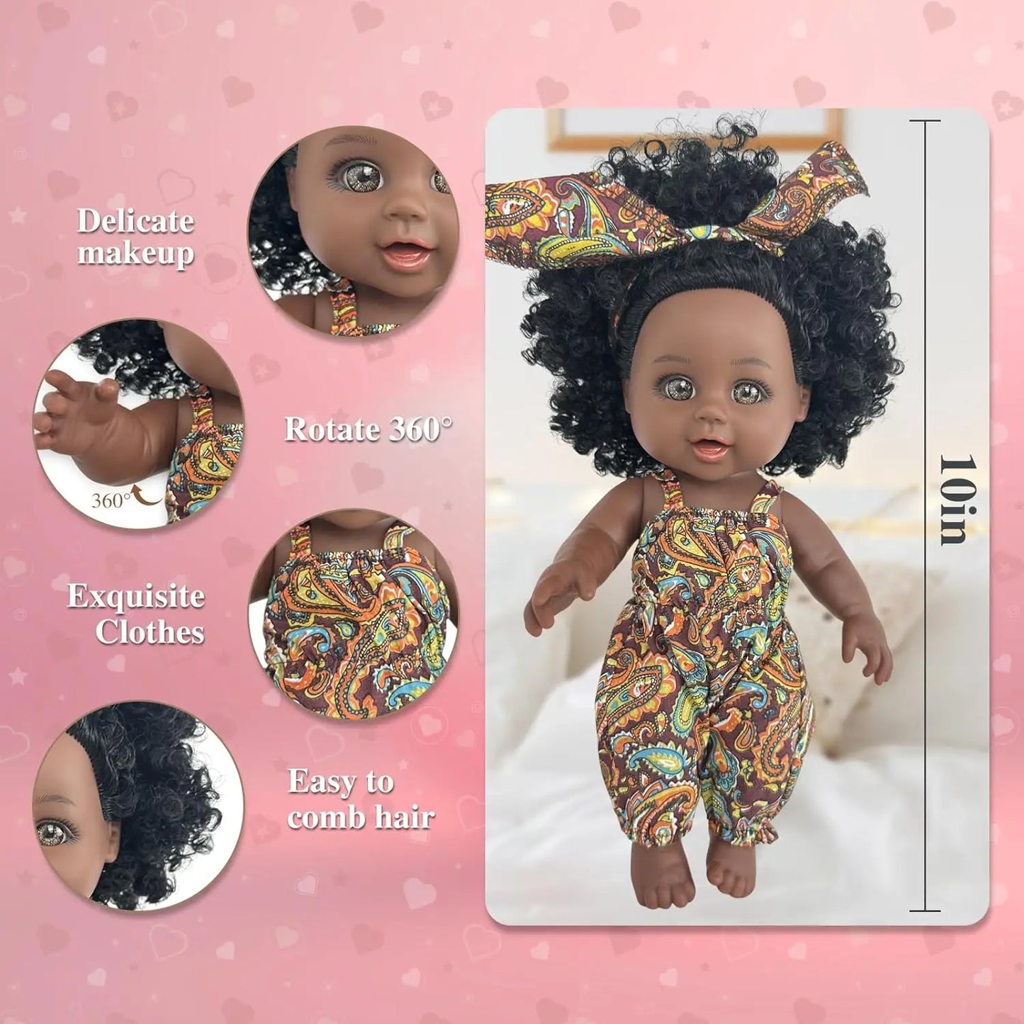 10 inch Black Girl Doll with Dress Realistic