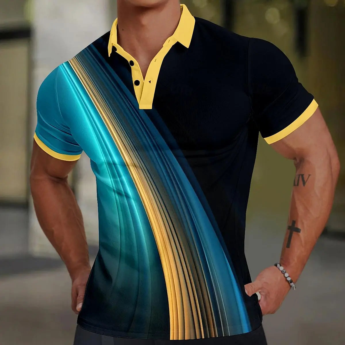 3d Colorful Line Print Short Sleeve Polo Shirt