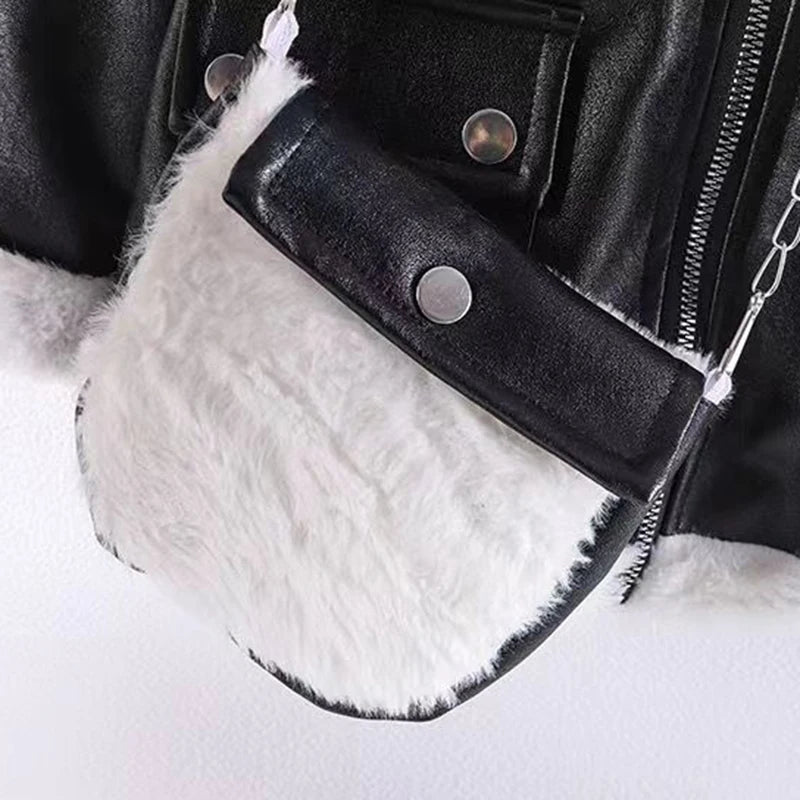 Girls PU Leather Jacket Thicken Faux Fur