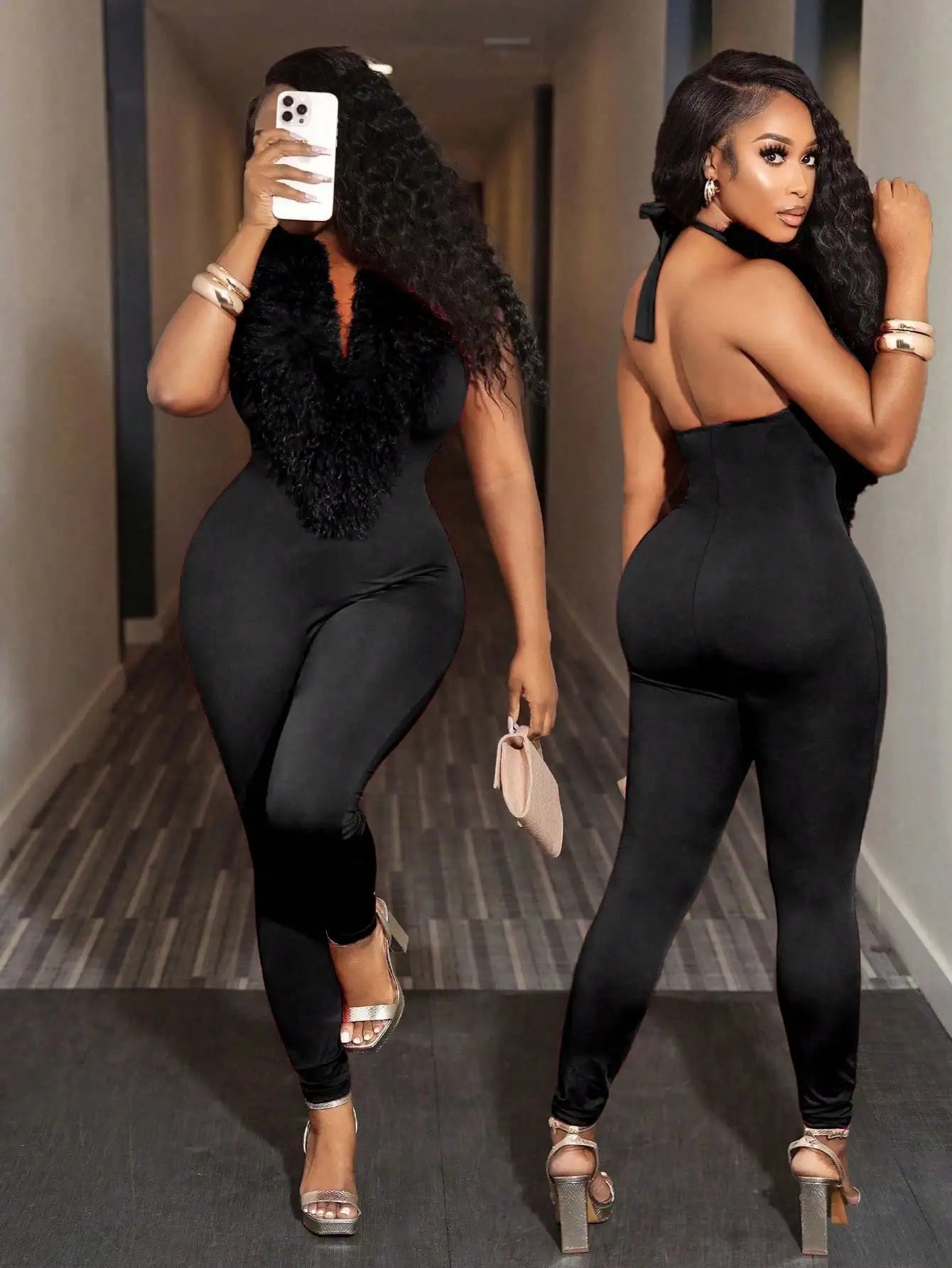 Solid Color Furry Turtleneck Jumpsuit
