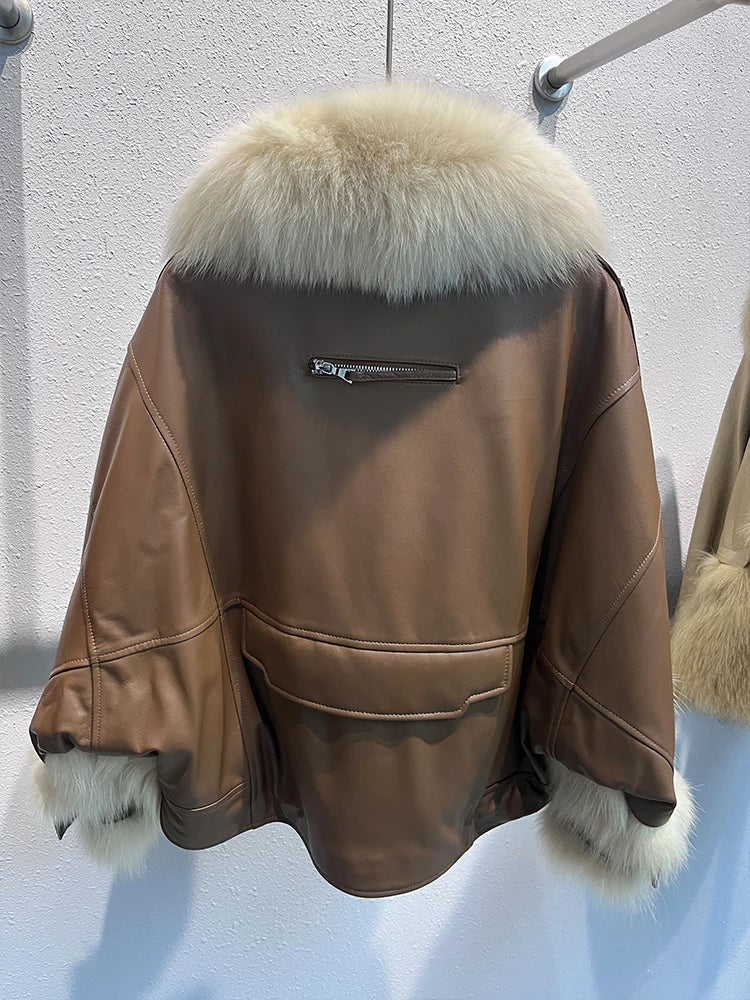 Natural Fox Fur Collar Genuine Sheepskin Leather Jacket