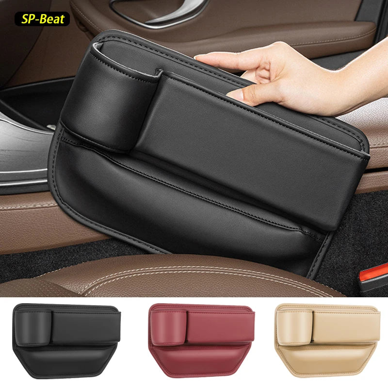 Leather car seat side storage box with cup holder
