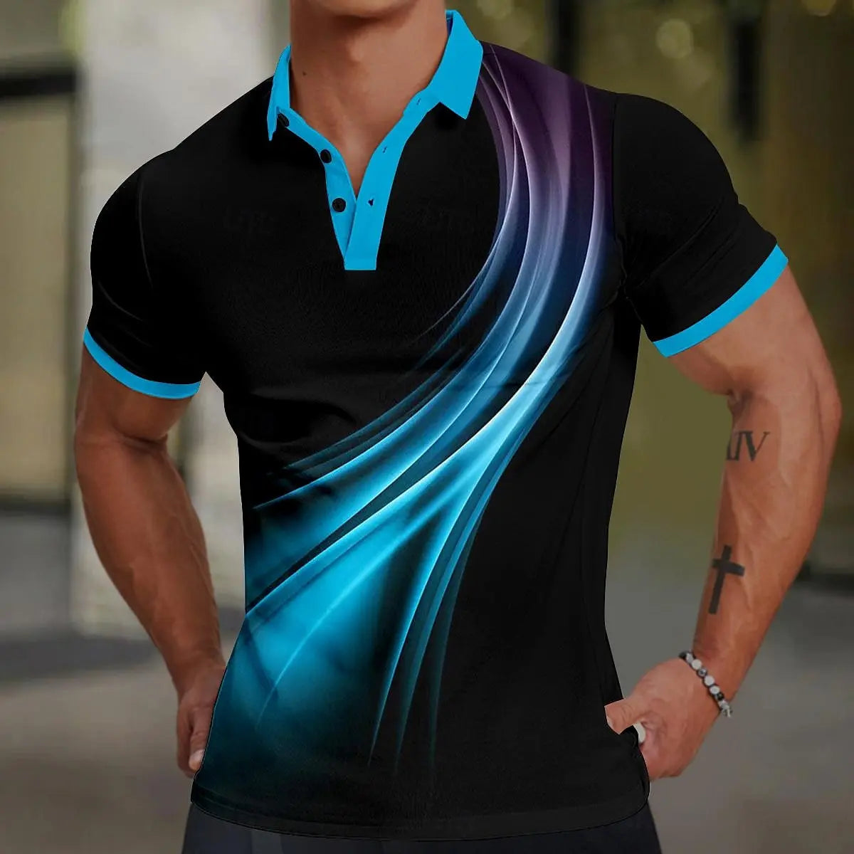 3d Colorful Line Print Short Sleeve Polo Shirt