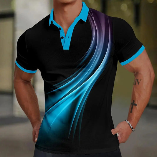 3d Colorful Line Print Short Sleeve Polo Shirt