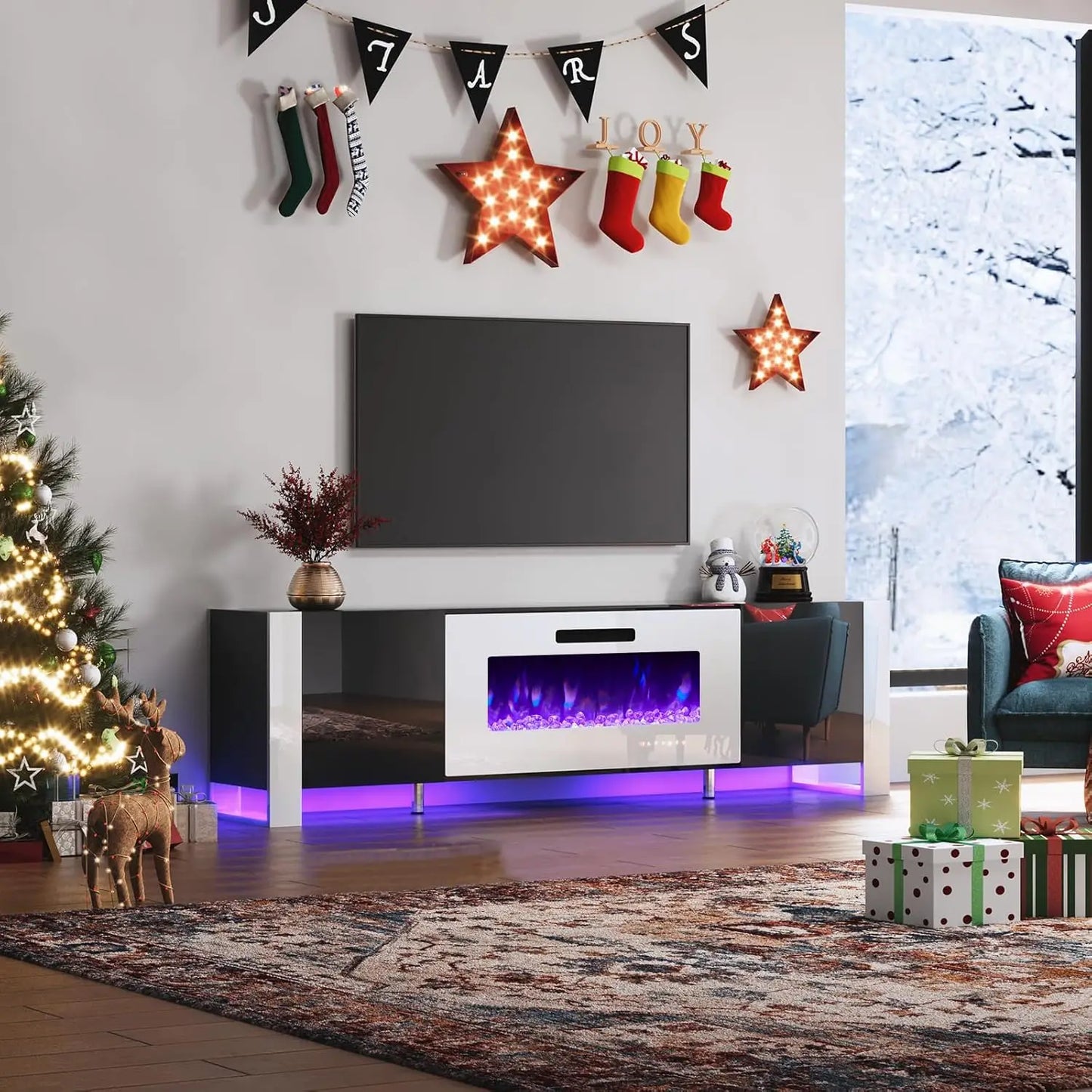 TV Stand with 40" Fireplace with High Gloss Doors & LED Lights, U-Shaped, Customized