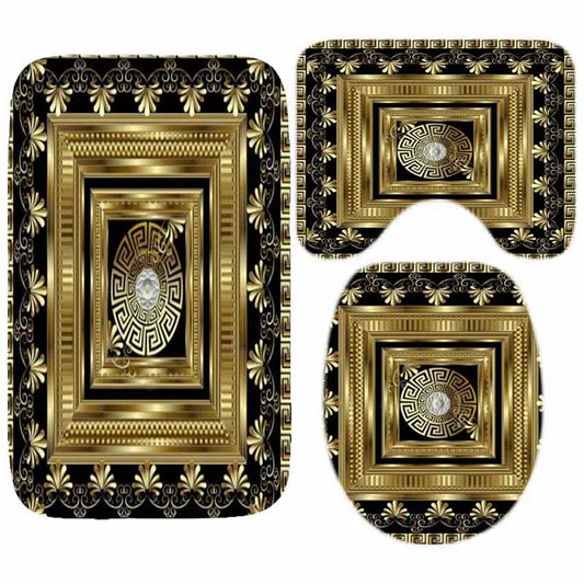 3PCS Luxury Black Gold Greek Bath Rug Set