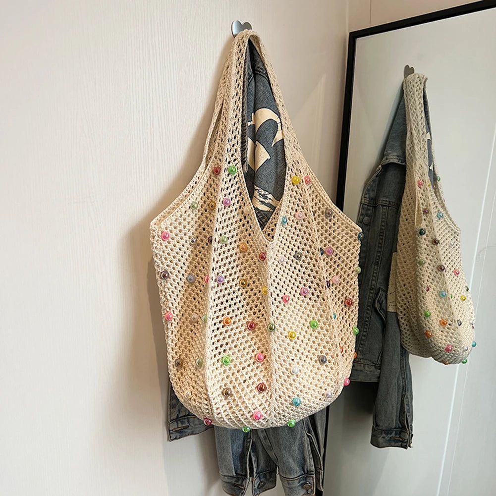 Boho Crochet Bag with Colored Beads Large Capacity