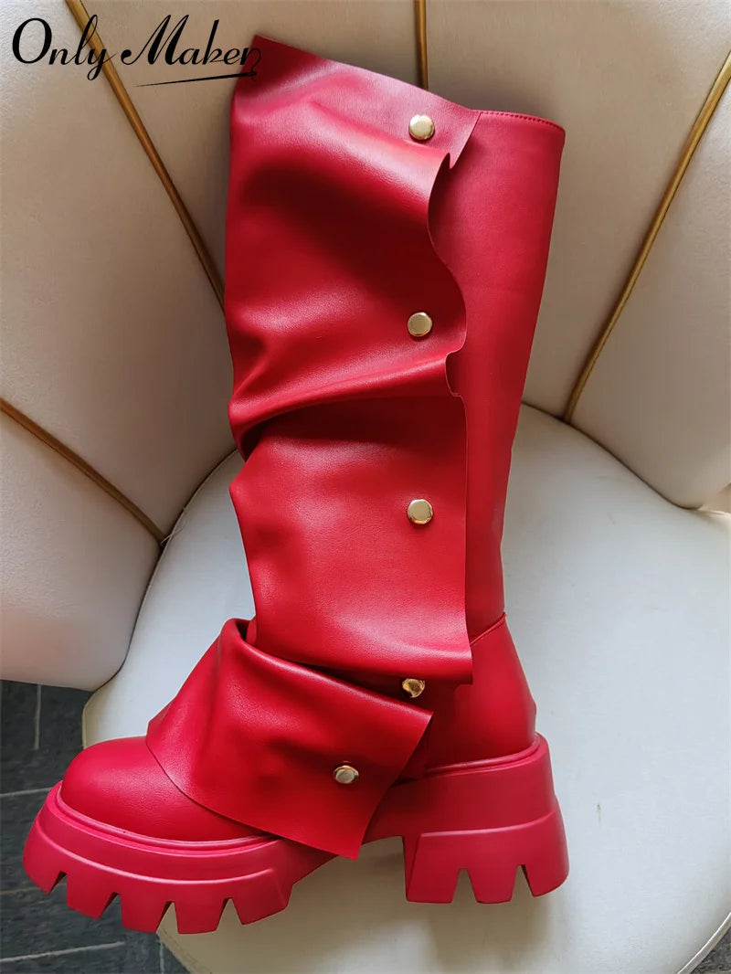 Plaftorm Red Fold Over Boots Block Heel Round Toe