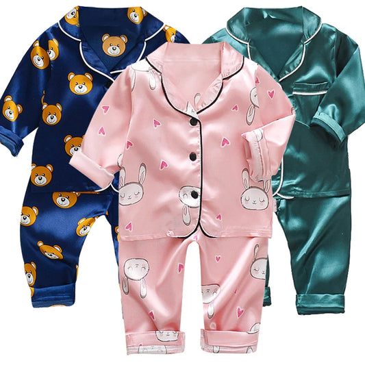 Kids Clothes Toddler Boys Girls Ice silk satin Cartoon little bear Tops Pants Set